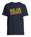 Marinblå t-shirt med gul text "Heja Sverige" för svenska fans av sport som fotboll och hockey