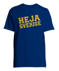Blå t-shirt med gul text "Heja Sverige" för fotboll och sportevenemang. 
