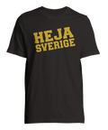 Svart t-shirt med gul text "Heja Sverige" för sverigefans av sport som fotboll och ishockey