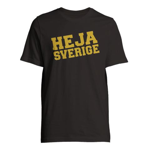 Svart t-shirt med gul text "Heja Sverige" för sverigefans av sport som fotboll och ishockey
