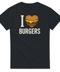 Svart t-shirt med texten I love burgers och ett hjärta format som en hamburgare