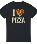 Svart t-shirt med texten I love pizza och ett hjärta format som en pepperonipizza