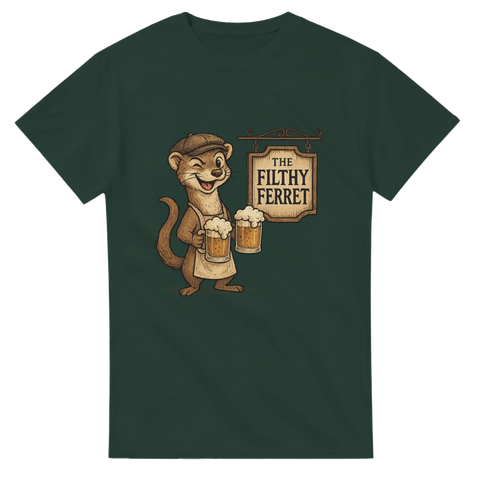 Brittisk pubhumor med iller som håller ölsejdlar och en skylt med texten The Filthy Ferret