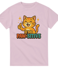 Rosa t-shirt med tecknad leende katt och texten "I'm Paw-sitive" i färgglad stil.