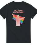Svart t-shirt med hbtq budskap och regnbågsflagga