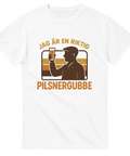 T-shirt med texten Jag är en riktig pilsnergubbe och retro silhuett med ölglas