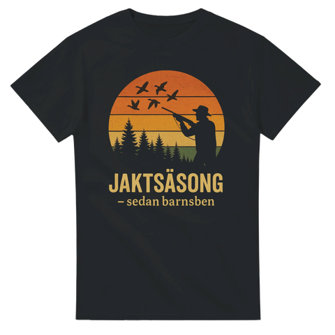 T-shirt med retrodesign för fågeljakt – siluett av jägare som skjuter mot flygande fåglar vid skog och solnedgång