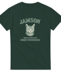 Grön katt-tshirt som parodierar Jam…son whiskey med “triple distilled whiskers”