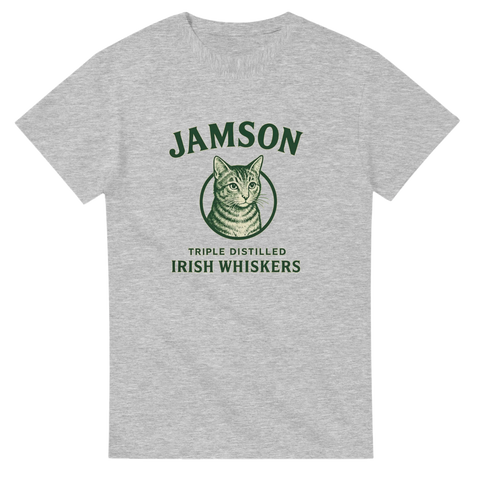 Rolig t-shirt med parodi på Jameson whiskey och katt