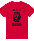 Röd t-shirt med svart tryck Jesus – The Original Communist i ikonisk designstil