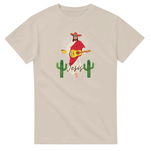 Jesus t-shirt med mexikanskt motiv, Jesus i sombrero med kaktusar på ljus t-shirt