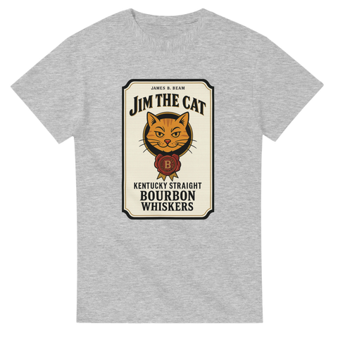 T-shirt med katt och vintage whiskey-parodi i etikettstil