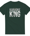 Grafiskt Karaoke King tryck i vitt och guld på en mörkgrön t-shirt
