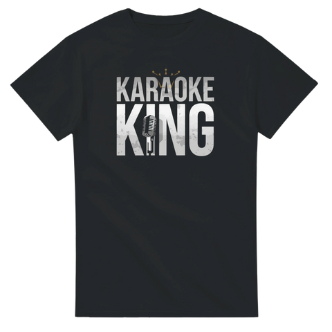 Karaoke King motiv med mikrofon och krona på en svart t-shirt