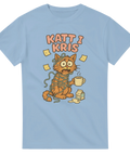 Ljusblå t-shirt med tecknad förvirrad katt omgiven av post-it-lappar, kaffe och snören, text "Katt i kris".

