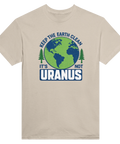 Beigefärgad t-shirt med humoristiskt miljöbudskap och grafisk jordglob