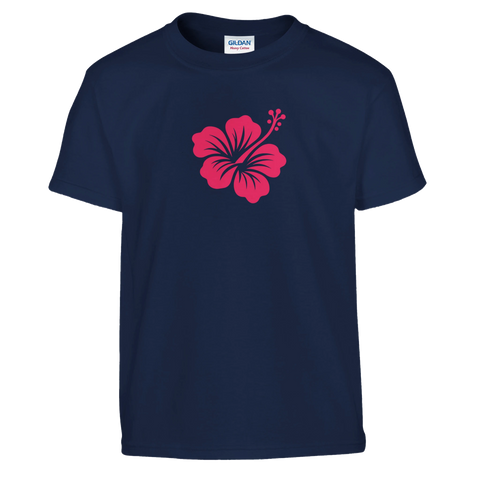Rosa hibiskus på marinblå t-shirt för barn