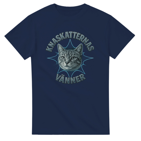 Marinblå t-shirt med katt och texten “Knaskatternas Vänner”