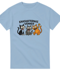 Blå t-shirt med roliga kattfigurer och humoristisk text