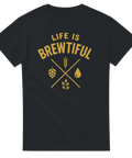 Svart t-shirt med gul text Life is Brewtiful och ölmotiv