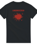 Grafiskt rött färgstänk med texten Lingonveckan på svart t-shirt