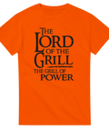 Orange t-shirt med svart text The Lord of the Grill – The Grill of Power