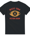 Svart t-shirt med grafiskt motiv föreställande ett öga och satirisk text