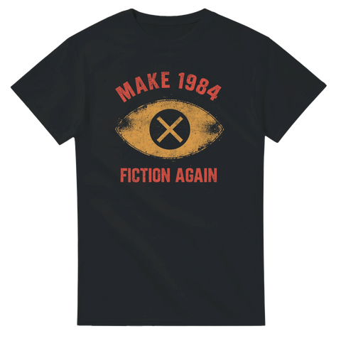 Svart t-shirt med grafiskt motiv föreställande ett öga och satirisk text