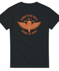 T-shirt med motorcykel och texten born to ride i orange.
