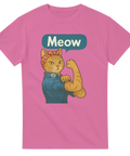 Retroinspirerad t-shirt med katt i feministisk power-pose och pratbubblan “Meow”