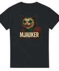 Svart t-shirt med katt i clownsmink och kostym, parodi på Jokern, text "Mjauker".