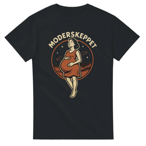 Gravid kvinna med rymdig bakgrund och texten Moderskeppet.