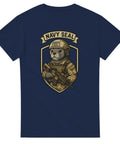 Blå t-shirt med illustration av en säl i militärutrustning och texten "Navy Seal"