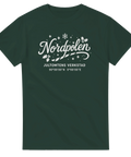 Grön t-shirt med vitt tryck Nordpolen, Jultomtens Verkstad och koordinater 90°00'00"N 0°00'00"E