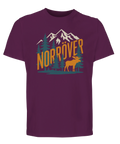 Astral lila t-shirt med motiv av Norrland med älg, skog och berg