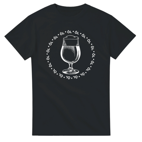 T-shirt med ett glas öl och en cirkeltext som säger öl öl öl. 