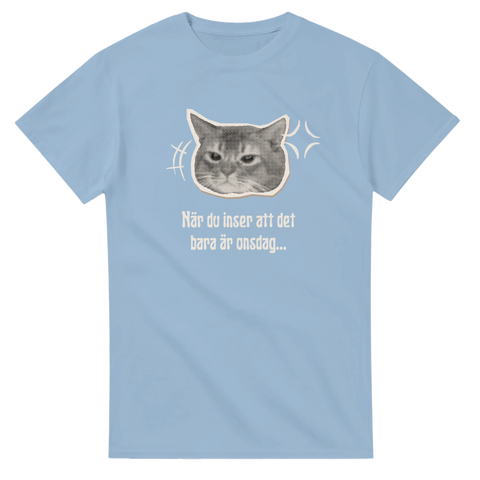 Ljusblå t-shirt med sur katt och texten “När du inser att det bara är onsdag...”