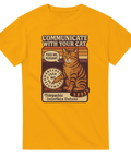 Gul t-shirt med retrodesign som visar en katt och texten "Communicate with your cat – Telepathic Interface Deluxe".