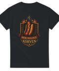 Svart t-shirt med en gyllene varmkorv i flammande sköld och texten "Den Helige Körven".