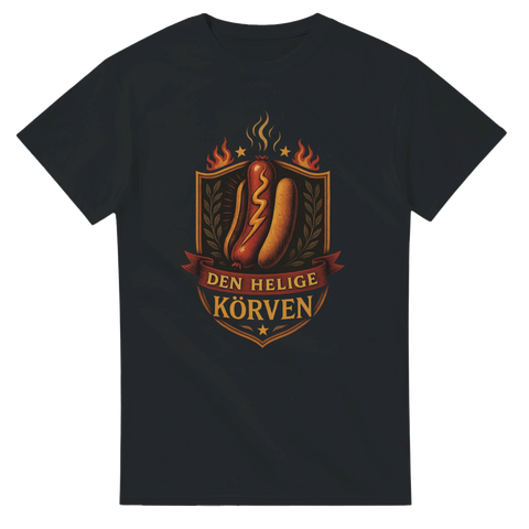 Svart t-shirt med en gyllene varmkorv i flammande sköld och texten "Den Helige Körven".