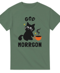 Grön t-shirt med tecknad svart katt och kaffekopp samt texten “God Morrgon”

