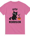 Mörkrosa t-shirt med tecknad svart katt och kaffekopp samt texten “God Morrgon”