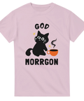 Rosa t-shirt med tecknad svart katt och kaffekopp samt texten “God Morrgon”