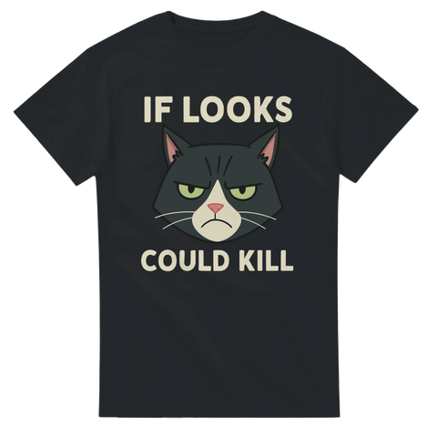 Svart t-shirt med butter tecknad katt och texten "If Looks Could Kill"