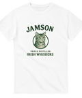 Vit t-shirt med kattillustration och texten “Jamson – Irish Whiskers”