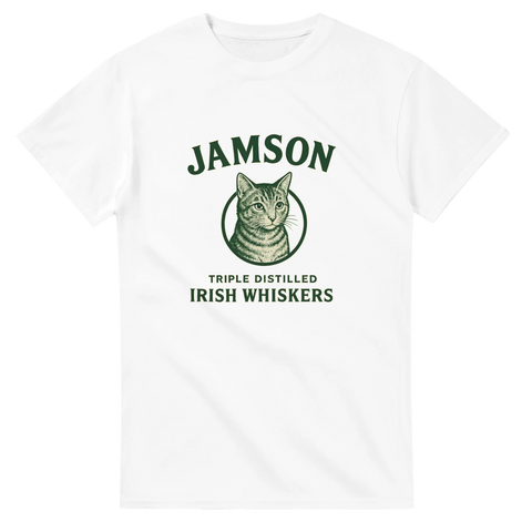 Vit t-shirt med kattillustration och texten “Jamson – Irish Whiskers”