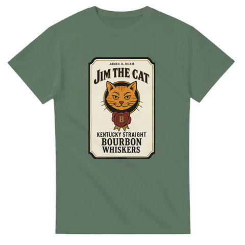 Grön t-shirt med etikettliknande design och texten “Jim the Cat – Bourbon Whiskers”