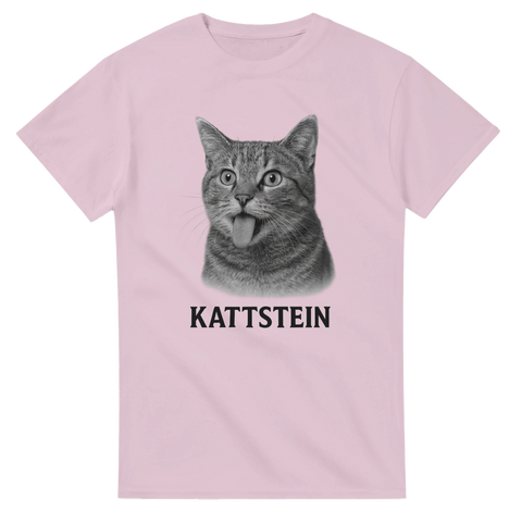 Rolig t-shirt med kattporträtt och parodinamn i stil med Einstein
