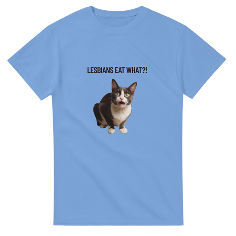 Ljusblå t-shirt med chockad katt och texten “Lesbians eat what?!”