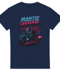 T-shirt med motiv av en motorcykelhjälte i neondräkt och texten "Mantis Overdrive" i retrostil.